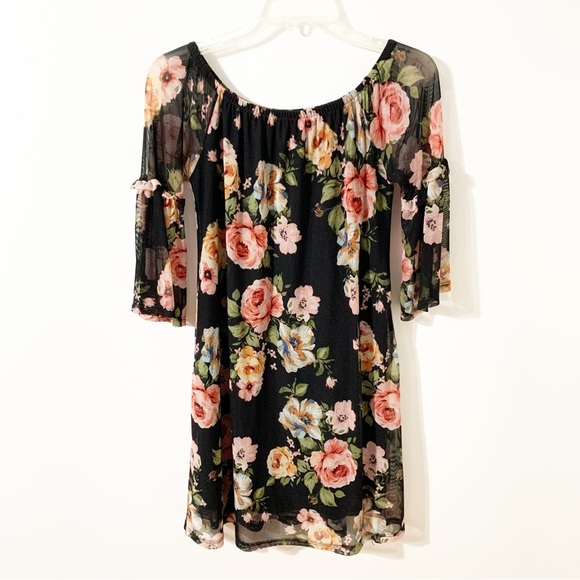 Potter’s Pot Floral Off The Shoulder Lined Dress Sheer Bell Sleeves with Ruffles - Picture 1 of 9